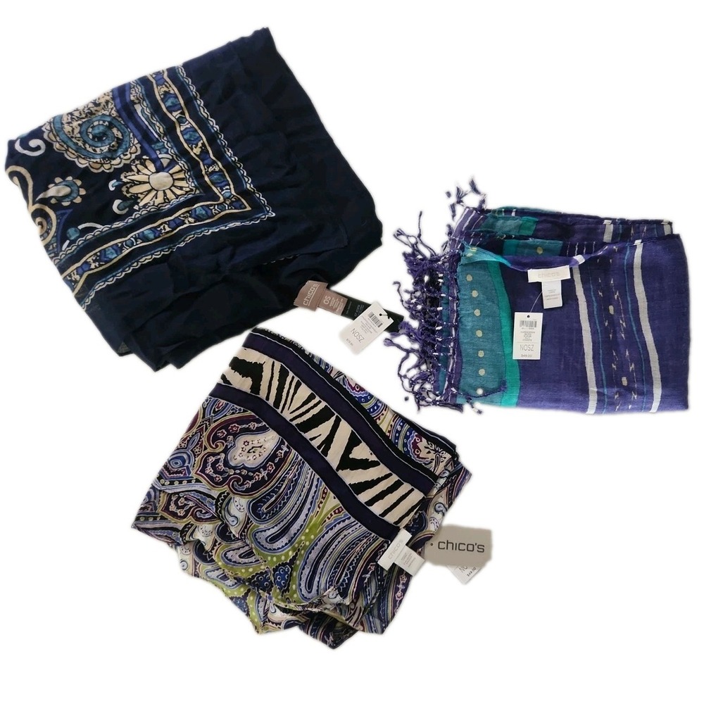 3/NWT Chico's Scarves: 2 Oblong 1 Square, Silk/Rayon/Acrylic, Navy, Teal, Purple